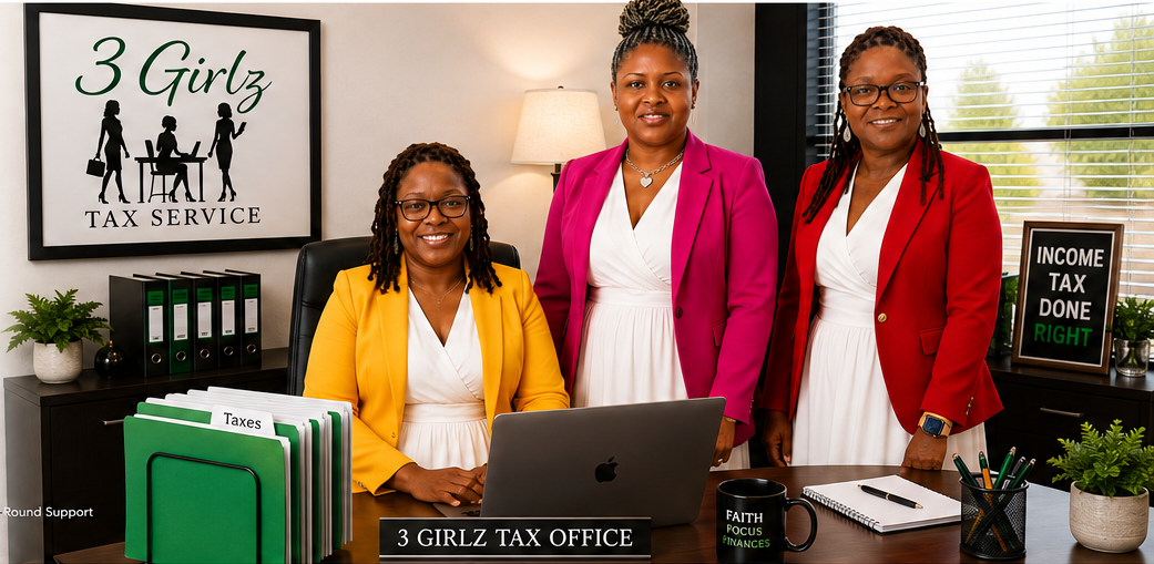 Three professionals from 3 Girlz Tax Service in their office